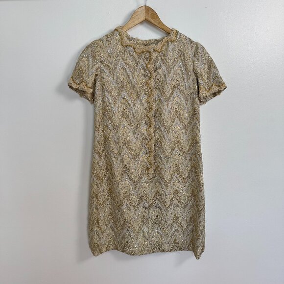Vintage 60's Gold & Silver Mod Dress - Size M - Picture 3 of 12